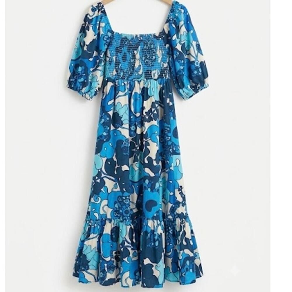 RHODE Harper Cotton Blue Green Floral Smocked Puff Sleeve Cottagecore Midi Dress
